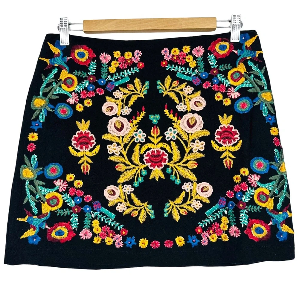 Umgee Floral Embroidered Linen Blend Boho Casual Pencil Mini Skirt Black M - Picture 13 of 13